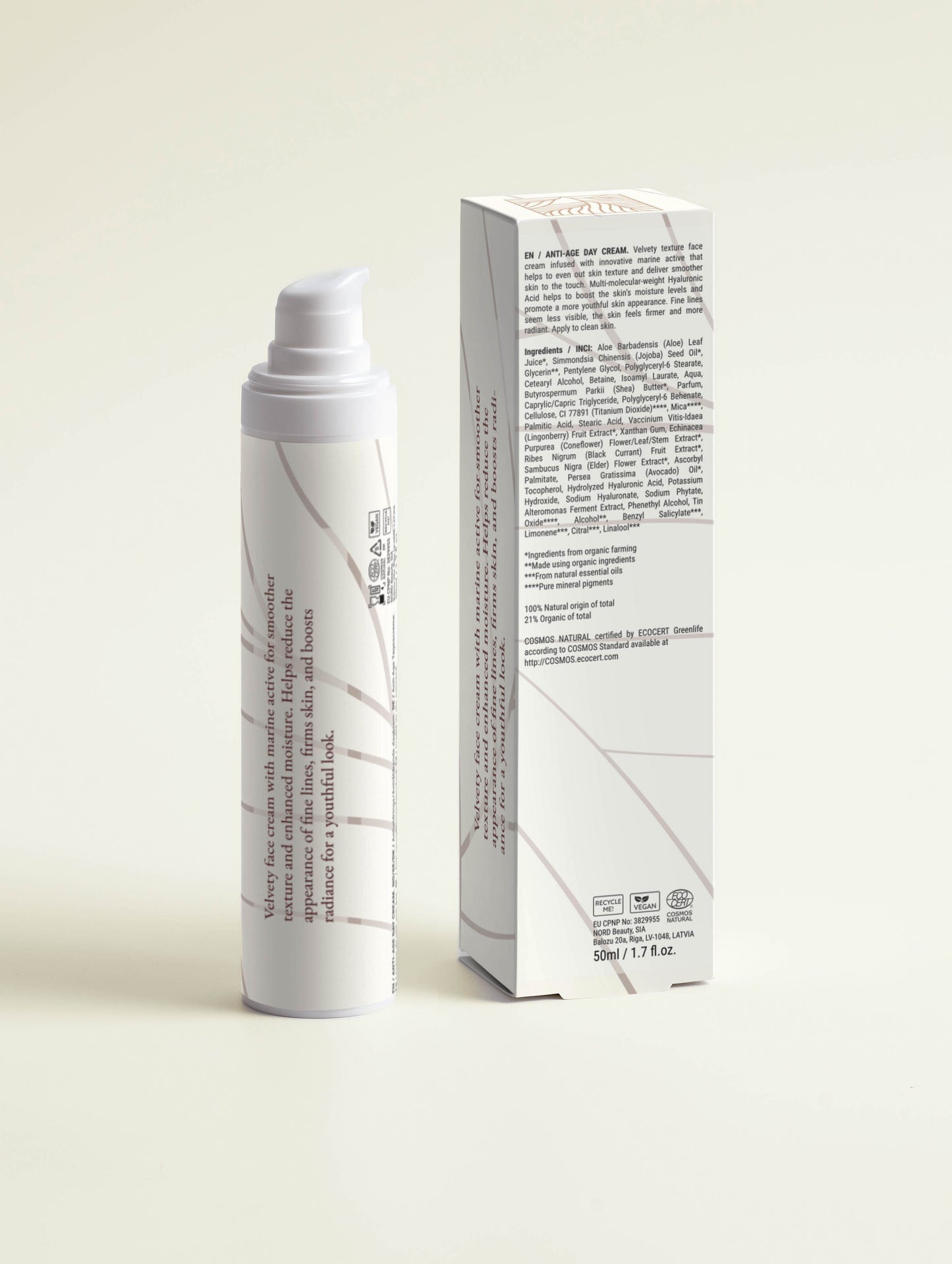 Back of Baltic Naturals anti-age day cream displaying description of its velvety properties, shown with box