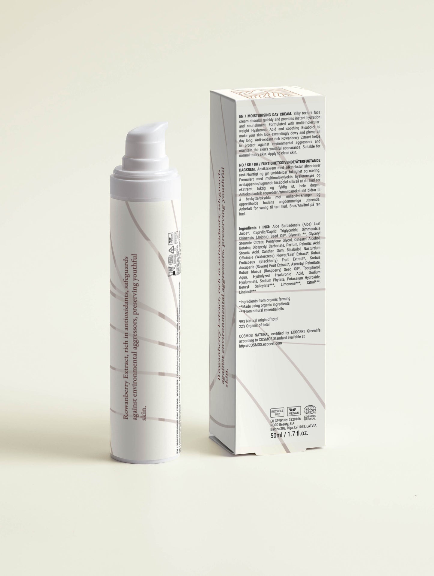 Back of Baltic Naturals' moisturizing day cream, safeguards against environmental aggressors, displayed with box