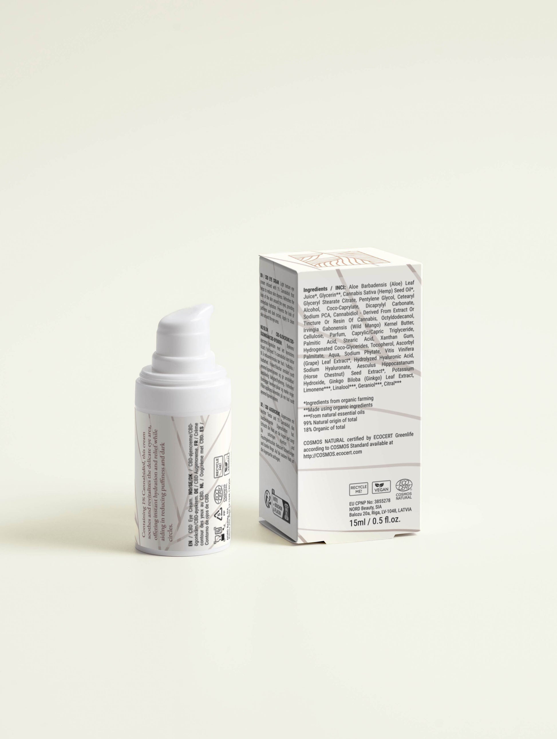 Baltic Naturals Soothing Eye Cream 15ml shown from the back with packaging, featuring detailed label and ingredient information.