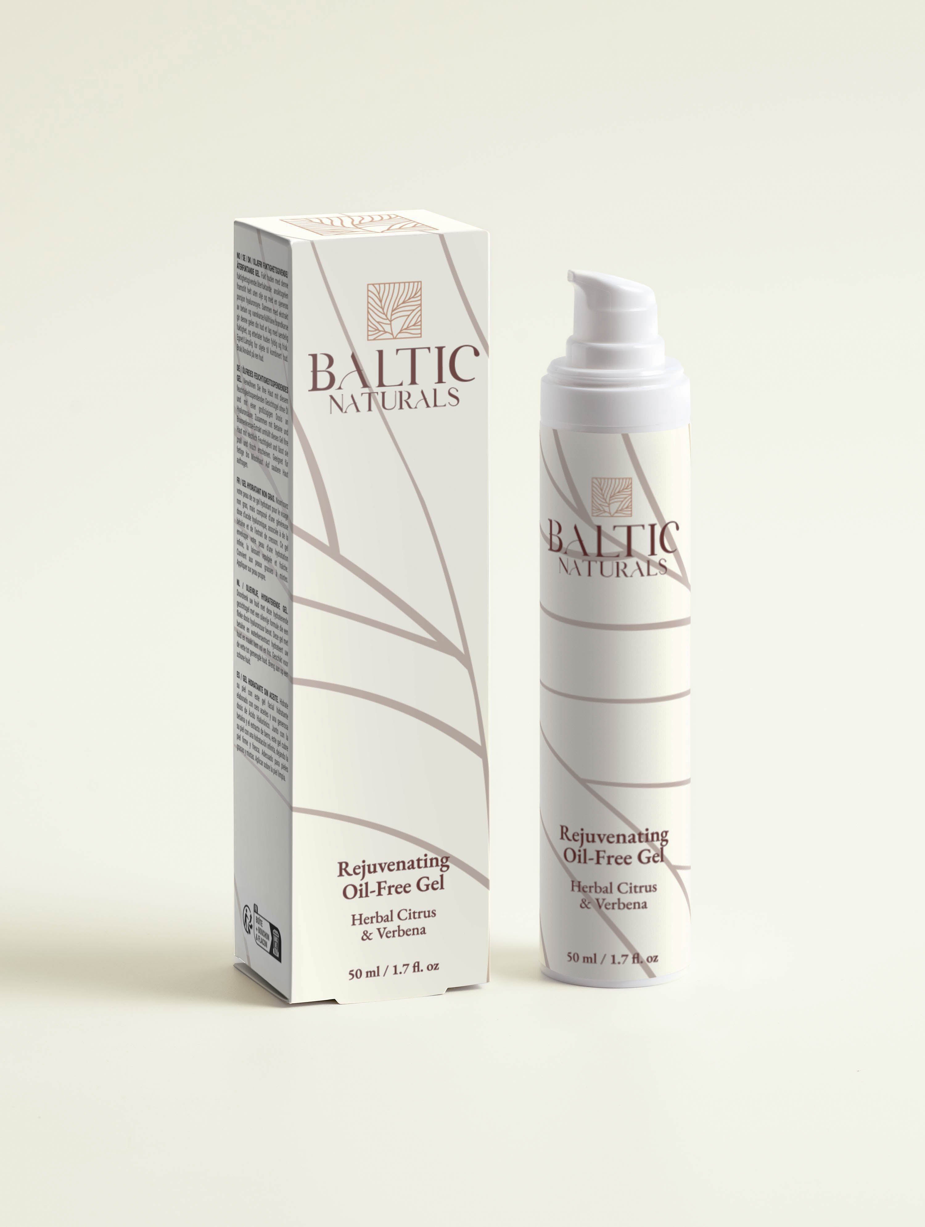 Baltic Naturals Rejuvenating Oil-Free Gel, frontal view with packaging, showcasing the product's clean design and branding.