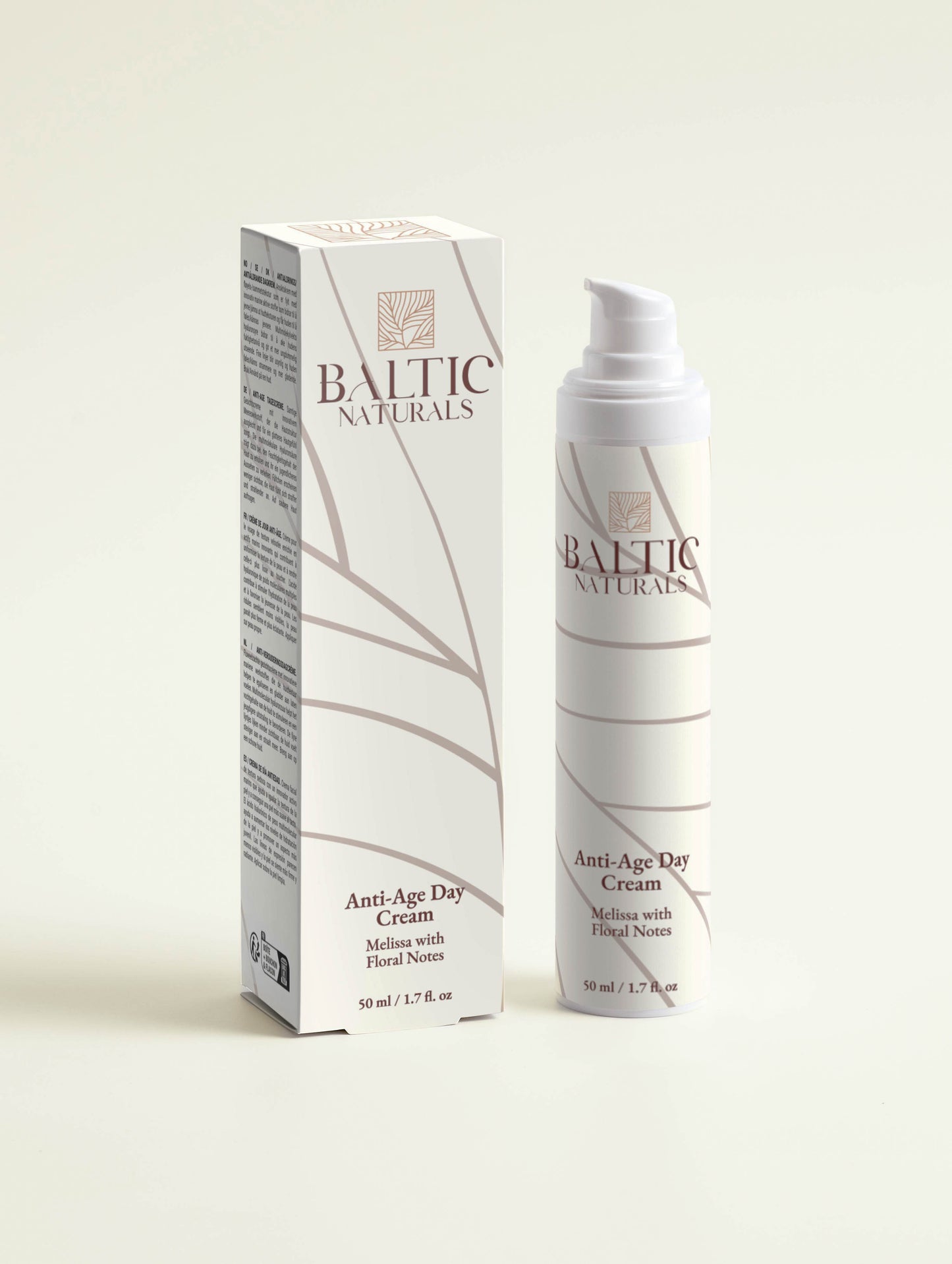 Baltic Naturals anti-age day cream with natural ingredients, promoting youthful skin, shown alongside box.