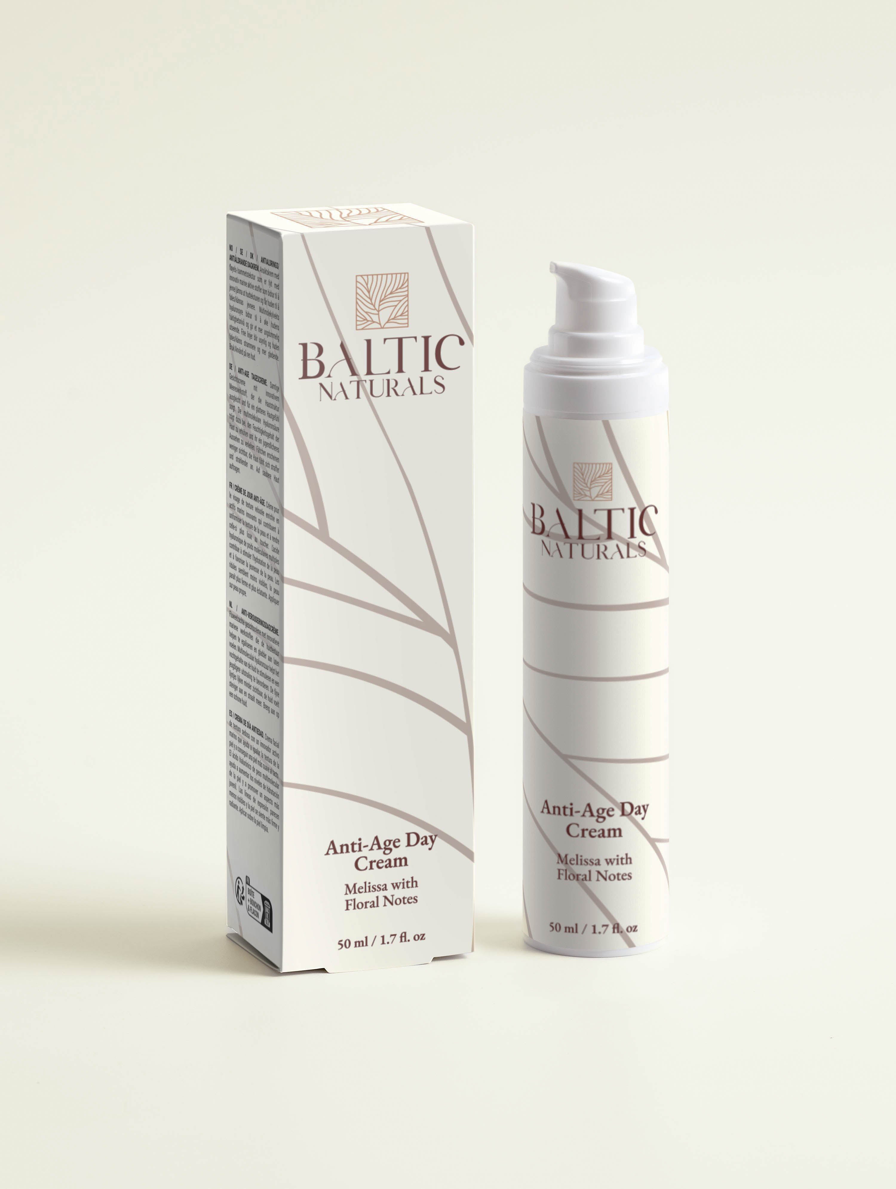 Baltic Naturals anti-age day cream with natural ingredients, promoting youthful skin, shown alongside box.