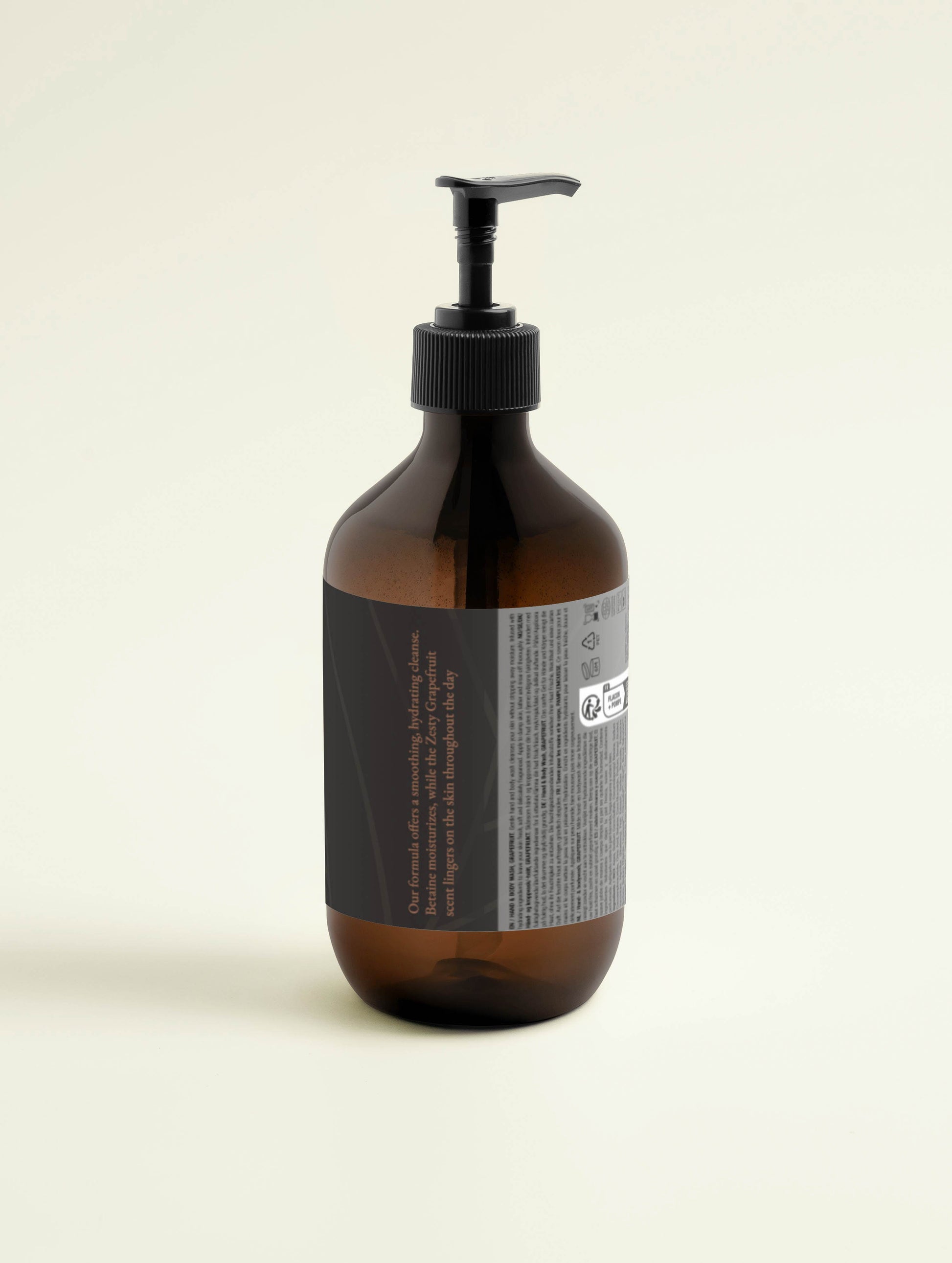 Back of Baltic Naturals' Hand & Body Wash, Zesty Grapefruit, which lathers into rich foam