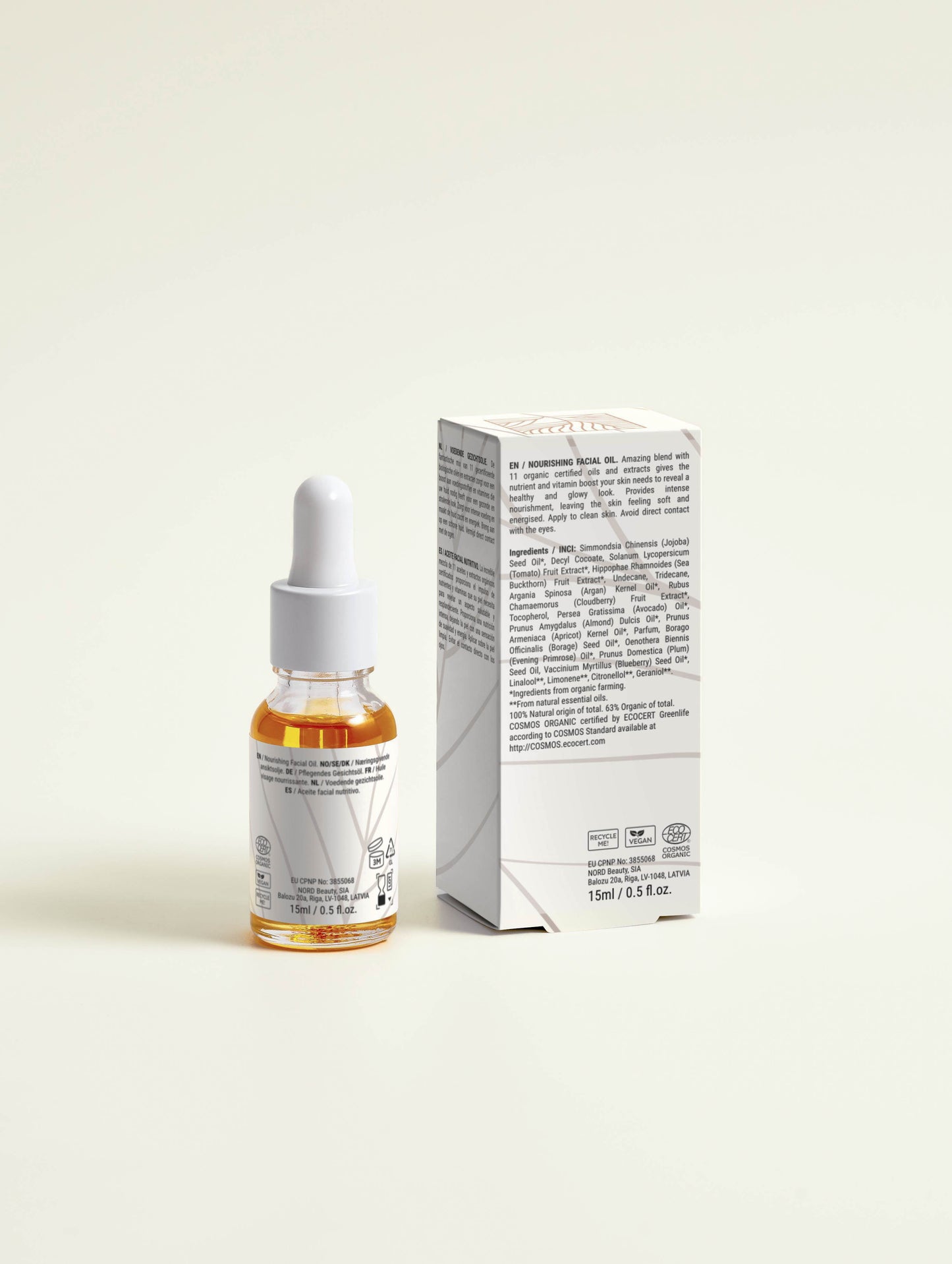 Reinvigorating Facial Oil 15ml shown from the back with the box, highlighting the detailed product information and packaging design.