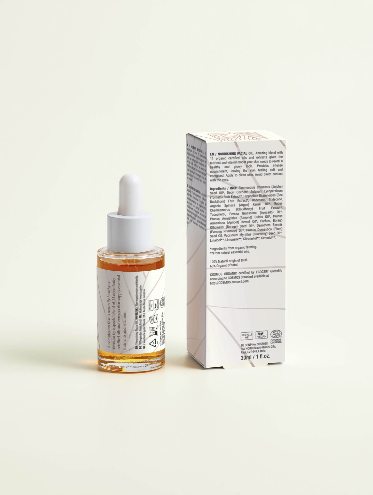 Back view of the Reinvigorating Facial Oil 30ml with the box, showcasing the ingredient list and product details.