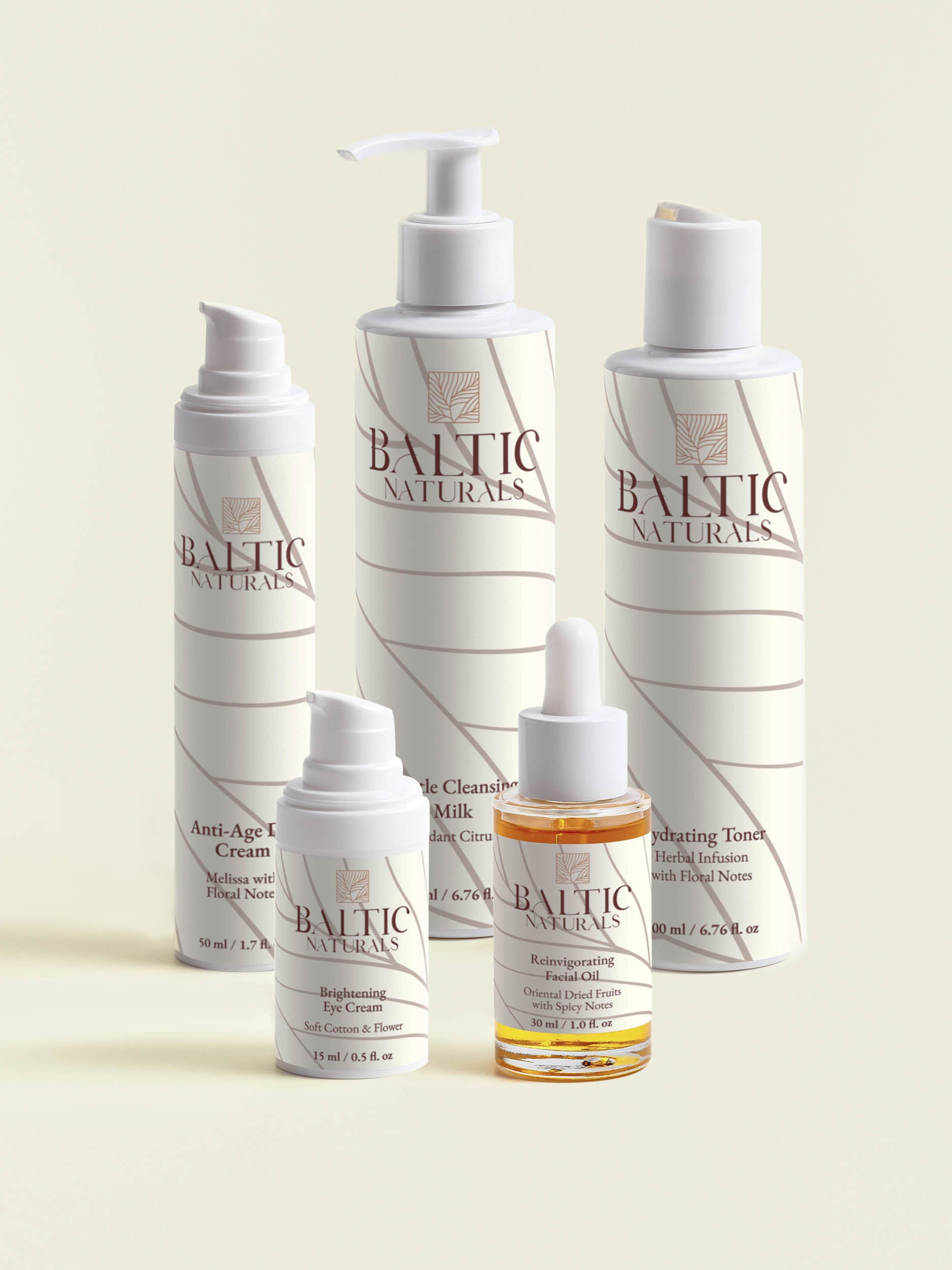 Baltic Naturals anti-age essentials bundle, all 5 products displayed in studio setting