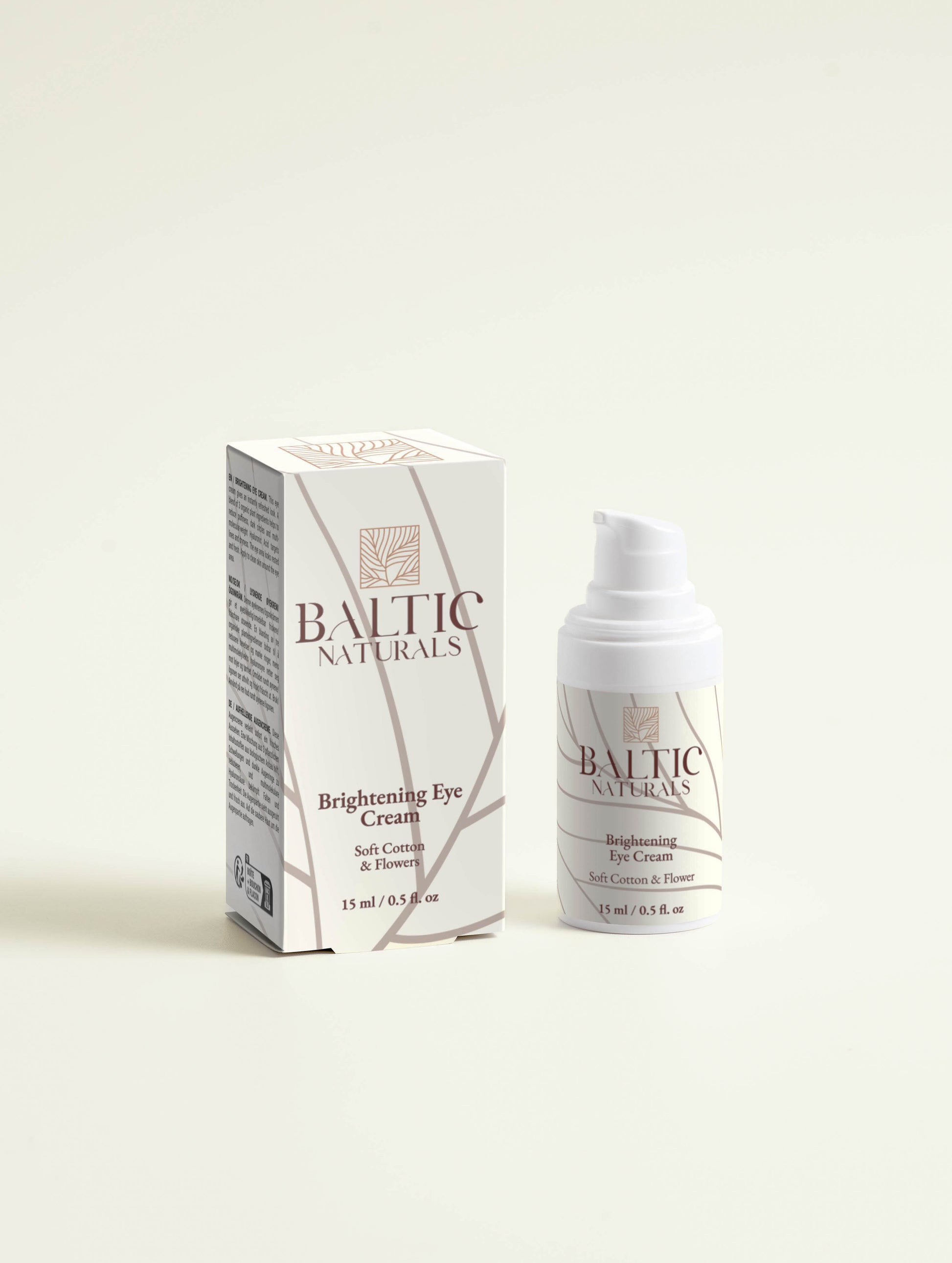 Baltic Naturals' brightening eye cream with soft cotton & flower aroma, shown alongside box